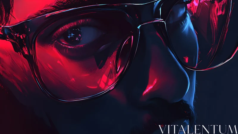 Close-up digital portrait with neon reflections on glasses.