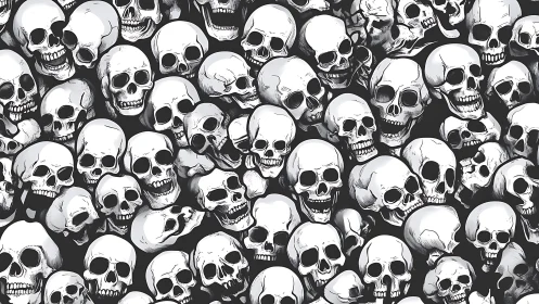 Playful tangle of monochrome skulls with bold graphic charm.