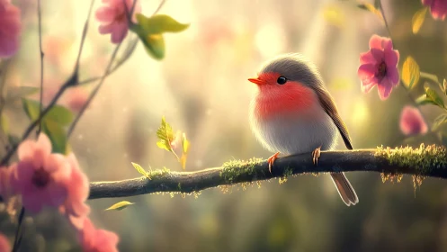 Fluffy Songbird on Mossy Branch in Dreamy Spring Floral Art.