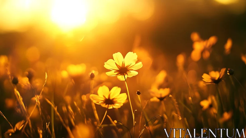 Wildflower field in low-angle golden backlighting at sunset.