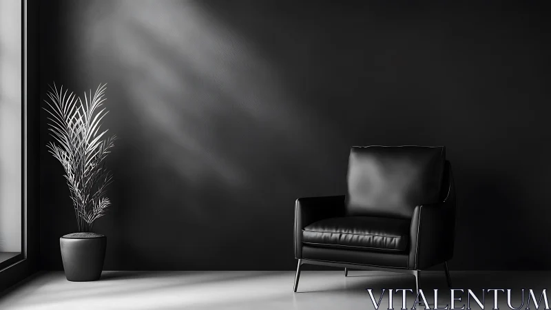 Cozy black lounge chair and plant in soft morning light.