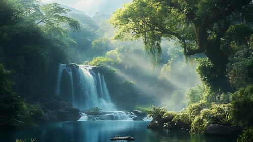 Waterfall cascading through layered forest canopy with mist dispersion.