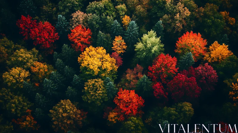 Autumn forest canopy glows with saturated multicolor foliage.