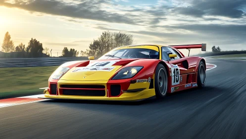 Yellow and red GT race car on curving circuit at dusk.