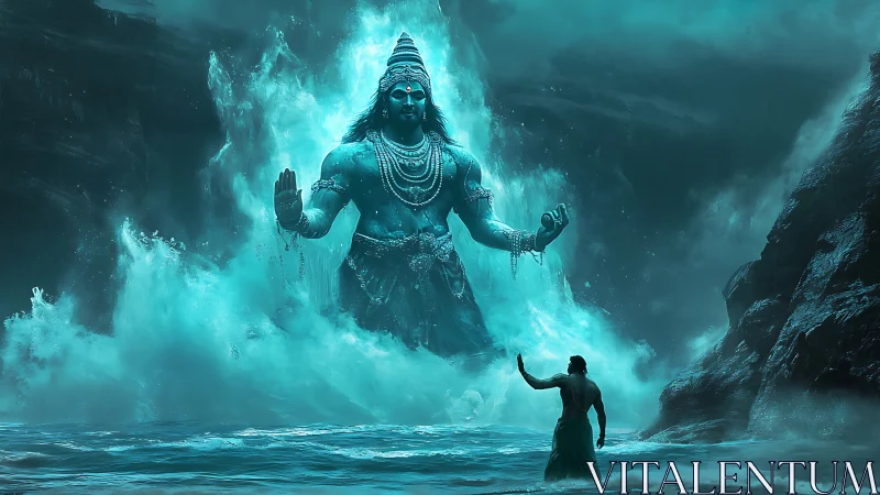Mythic sea god rising from storm waves before lone figure.