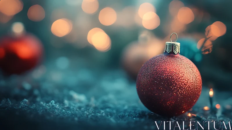 Red Christmas ornament rests on icy surface with blurred lights