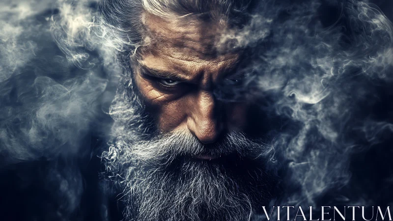 Photorealistic elder portrait shrouded in dramatic smoke rendering.