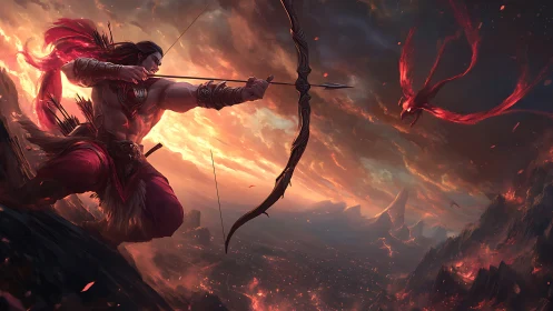 Heroic archer faces a fiery sky spirit at dusk.