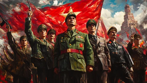 Military leaders before massive red flag in battle square.