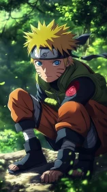 Blond ninja crouches in sunlit forest clearing wearing gear