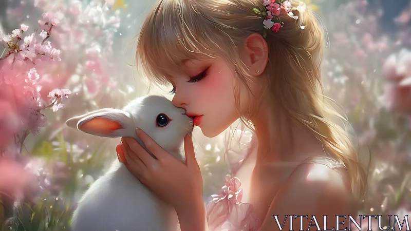 Spring-kissed girl meets rabbit in a hush-soft blossom dream
