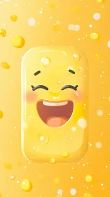 Playful glossy emoji block with floating liquid bubbles.