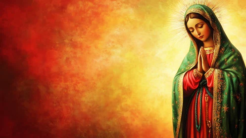 Religious woman in prayer against radiant warm background.