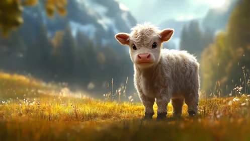 Fluffy calf stands in glowing alpine meadow at sunrise.