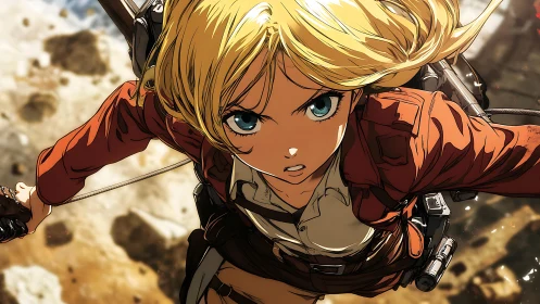 Blonde anime soldier uses 3D gear in aerial combat scene