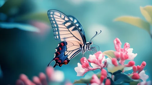 Macro digital study of butterfly on pastel florals in bokeh field.
