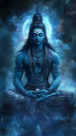 Blue meditative deity seated in cosmic nightscape.
