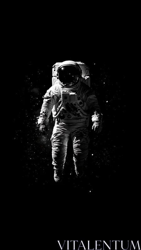 Monochrome depiction of astronaut floating in open space.