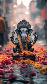 Ganesh idol amid marigold petals on misty urban street.
