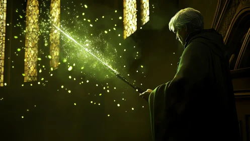 Robe clad mage casting green spell in stained glass hall.