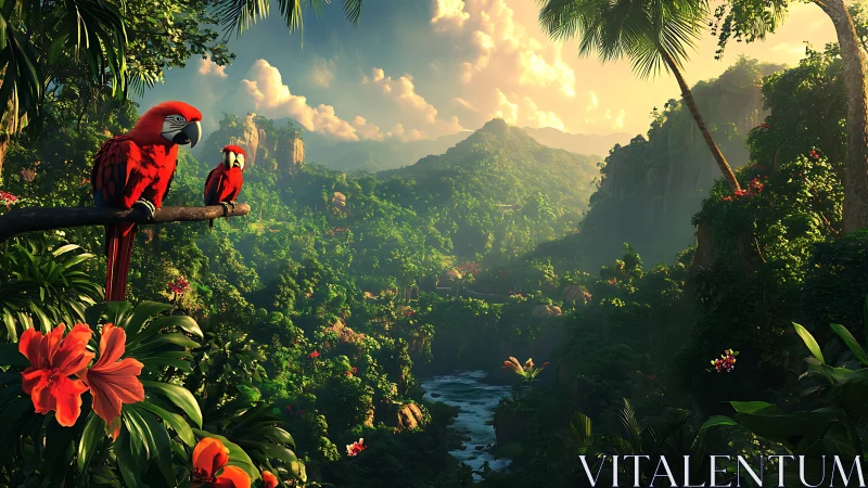 Scarlet macaws overlook lush tropical valley at sunrise