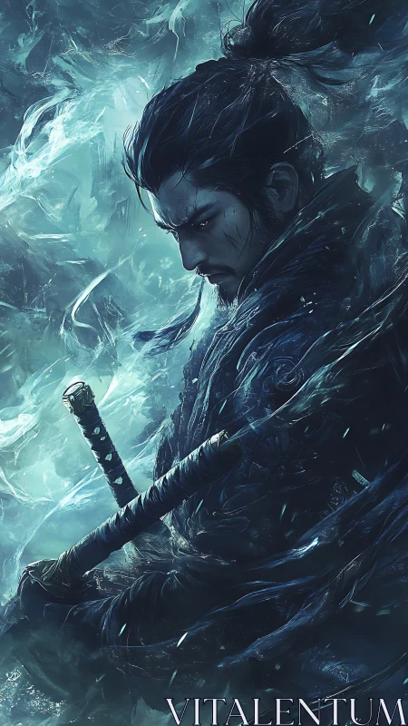 Stormlit samurai in quiet focus within swirling mist.