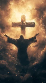 Silhouetted robed figure below illuminated cross in clouds.
