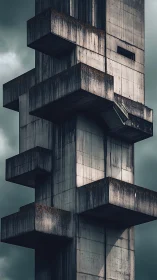 Brutalist concrete tower with cantilevered platforms rises vertically