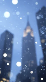 Defocused winter snowfall across highrise skyline depth field.