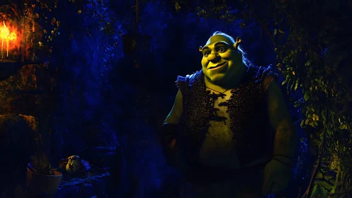 Green ogre portrait in nocturnal forest under warm torchlight