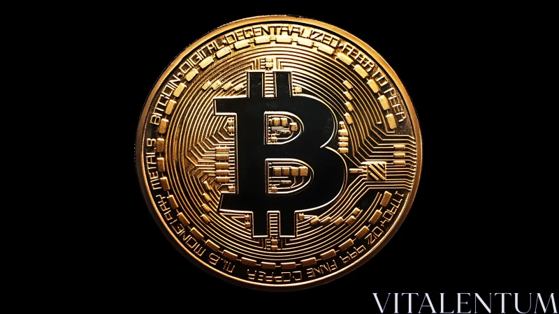 Photorealistic macro of gold bitcoin coin on black field.