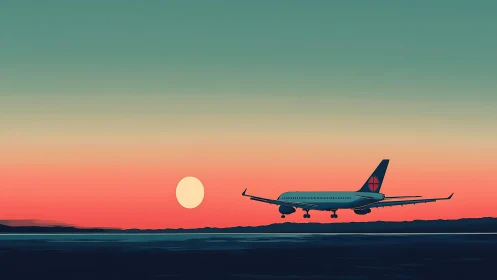 Soft sunset welcomes a quiet airplane gliding toward landing