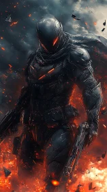 Armored futuristic warrior walking through swirling firestorm.