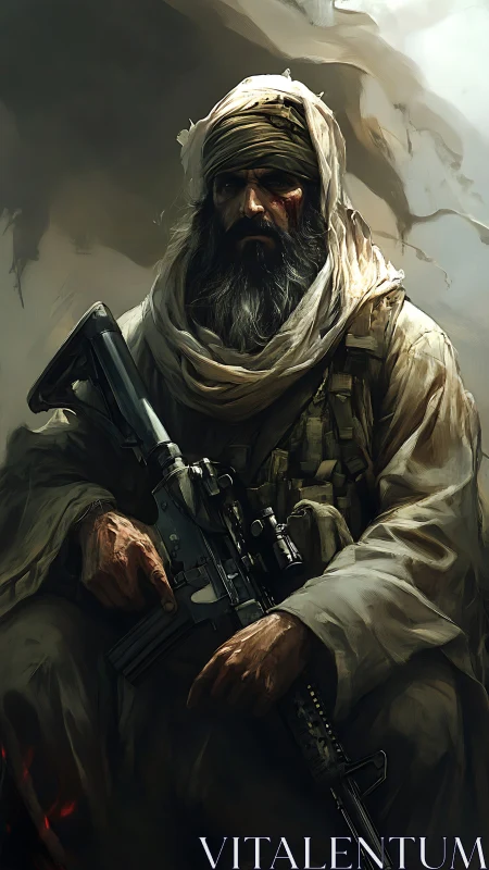 Weathered desert fighter seated with rifle in shadows.