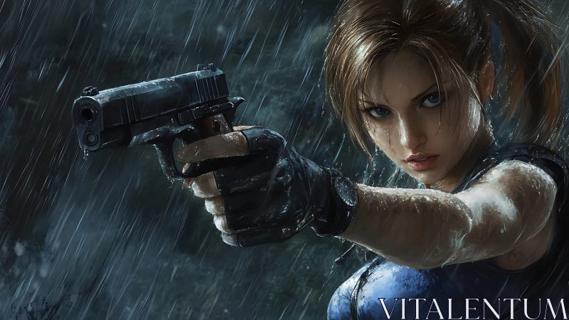 Armed woman aims handgun in heavy rain with intense focus.