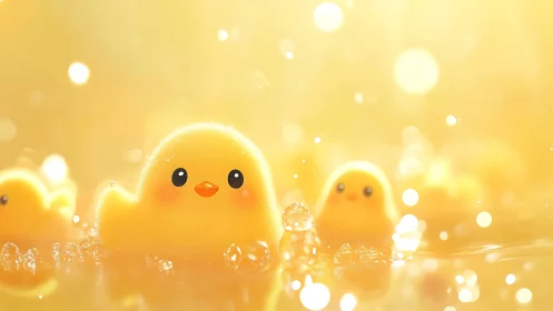 Golden bokeh rubber ducklings in luminous bathwater glow.