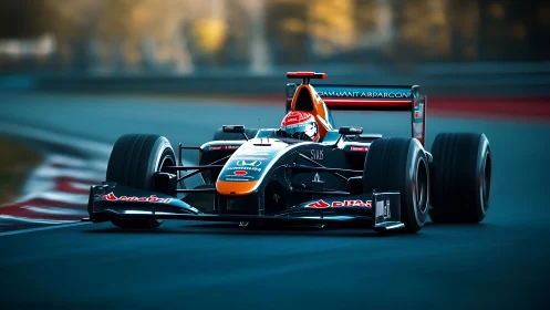 Sleek formula race car charging confidently around the bend.