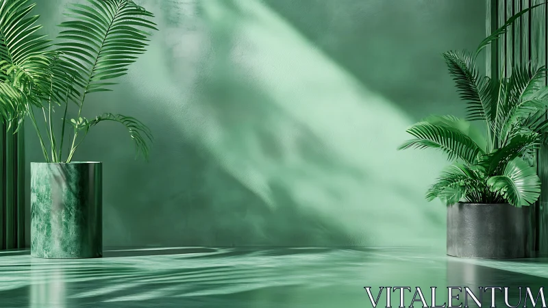 Green interior with potted palms and soft daylight reflections.