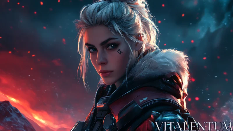 Cinematic sci fi heroine in tactical armor amid ember storm