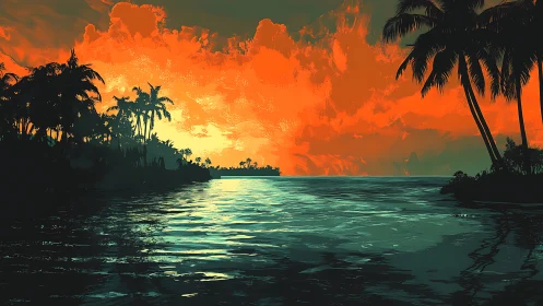 Fiery tropical sunset ignites sky above calm island inlet.