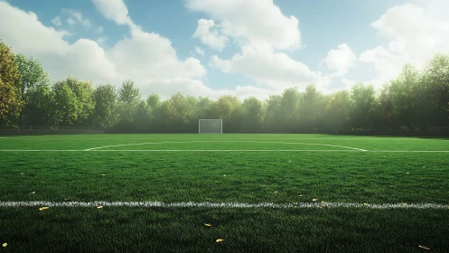 Sunlit soccer field waiting quietly for the next game.