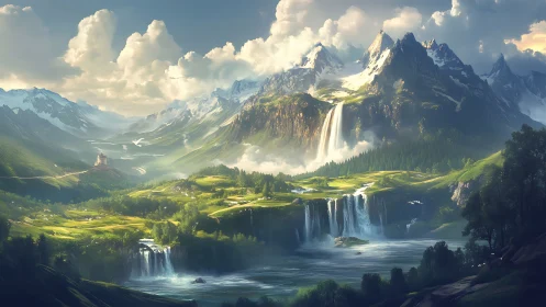 Digital painting of tiered waterfalls in alpine fantasy valley.