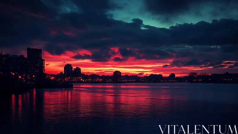 City waterfront under deep red sunset sky at dusk.