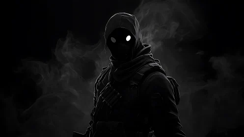 Hooded ghost operative stands in smoke-filled darkness