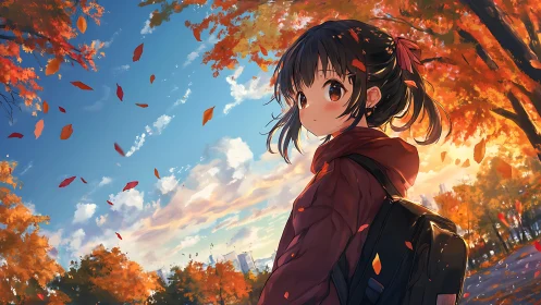 Autumn park anime girl in red hoodie under vivid sunset sky