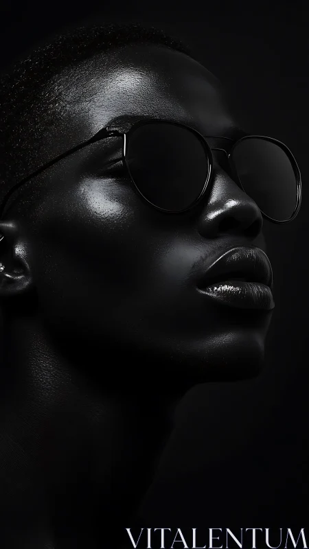 Monochrome portrait with reflective sunglasses and glossed lips.