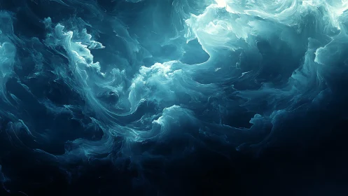 Abstract teal fluid vortex with swirling luminous forms.