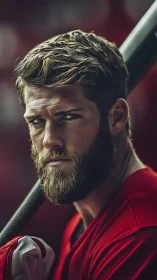 Bearded slugger locks in beneath stadium crimson haze.