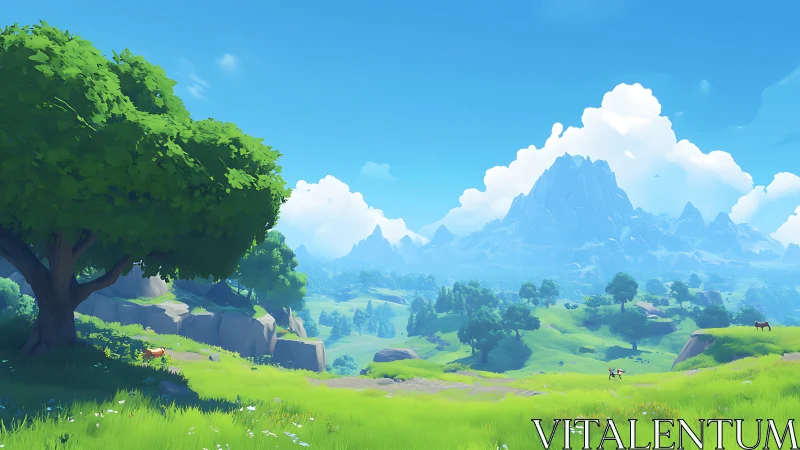 Bright stylized valley landscape under clear blue sky.