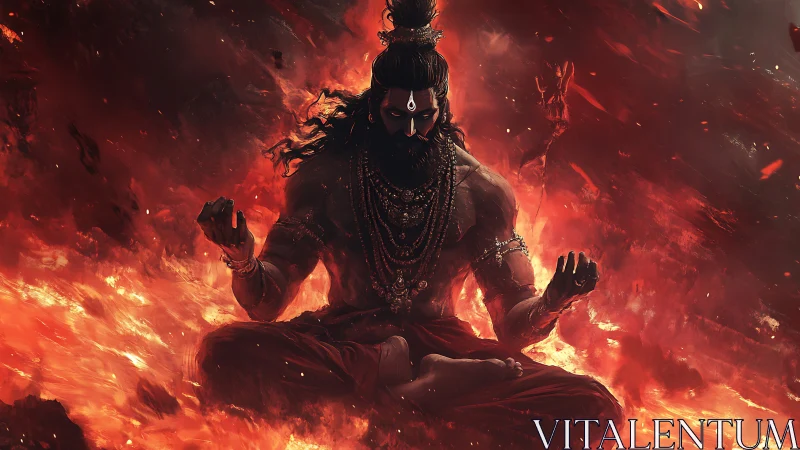 Fireborne ascetic meditates within a vortex of molten dusk.